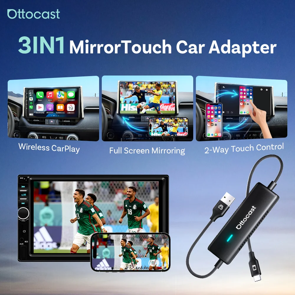 Ottocast MirrorTouch Wireless CarPlay Adapter 3-in-1 Dongle with Screen Mirroring & 2-Way Touch Control Cast Video to Car Screen