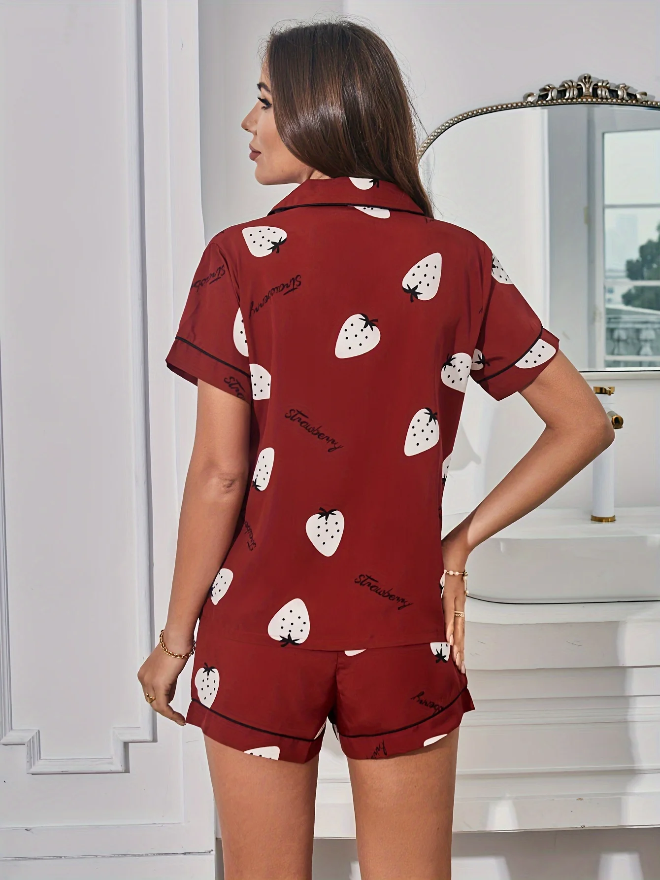 Strawberry & Letter Print Pajama Set Casual Short Sleeve Buttons Lapel Top & Elastic Shorts Women\'s Sleepwear