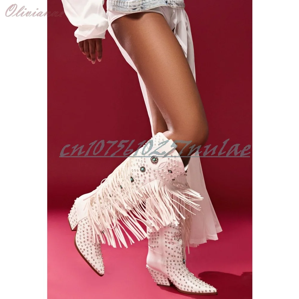화이트 크리스탈 장식 태슬 장식 미드 카프 부츠 웨스턴 스타일 부츠 청키 하이힐 패션 여성 신발 파라 무헤레