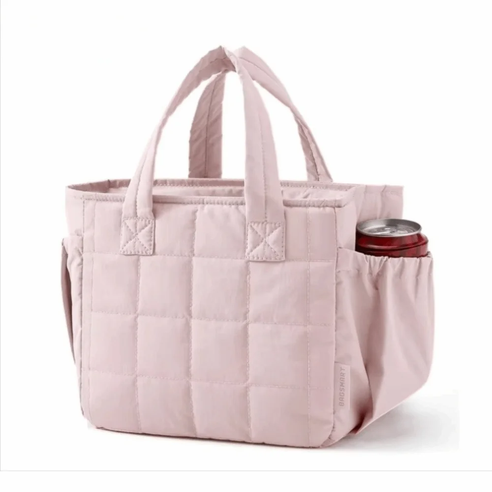 Portable Quilted Lunch Bag Solid Color Large Capacity Insulated Handbag Reusable Lightweight Tote Bag for Work Picnic