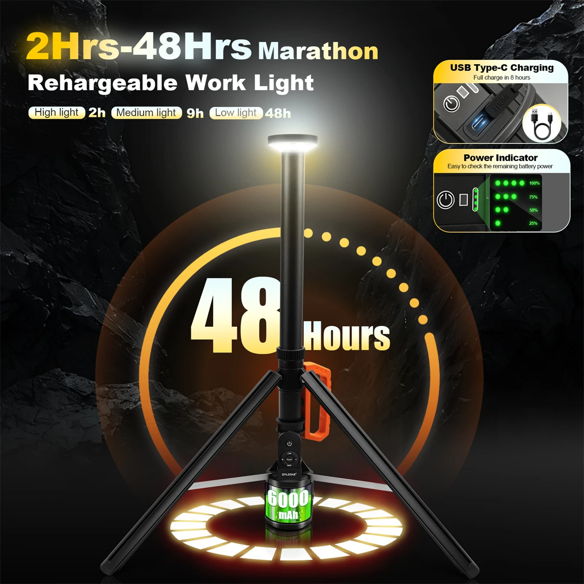 10 Lichtmodi, wiederaufladbare LED-Arbeitsleuchte, Innenhofleuchte, 8,4 Fuß Teleskopstativ. 5 Höhenverstellung, 3 Lichtmodi