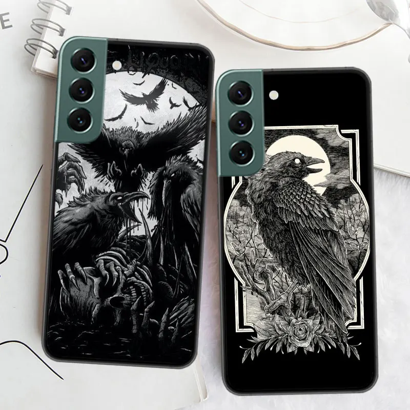 Raven Crow Skull Pattern Phone For Samsung Galaxy S24 S22 Ultra S21 Plus S20 S23 FE Case S10 S10E S9 S8 S7 Edge Cover Silicone S