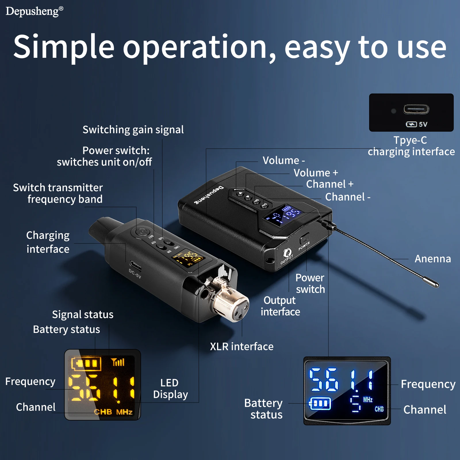Depusheng DE4 Kabelloses Ohrmonitor-System mit Sender, Clip-on-Empfänger, automatischer Kopplung, In-Ear-Monitoring für Studio, DJ – Detail 10