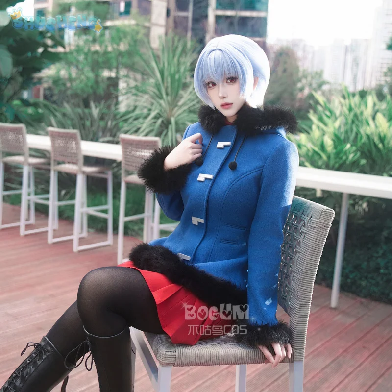 

Костюм для косплея Аянами Рей из аниме «Евангелион», синее зимнее платье, карнавальный костюм на Хэллоуин, школьный костюм (юбка, пальто, носки), милый костюм Аянами Рей для девочек, размеры S-XXL