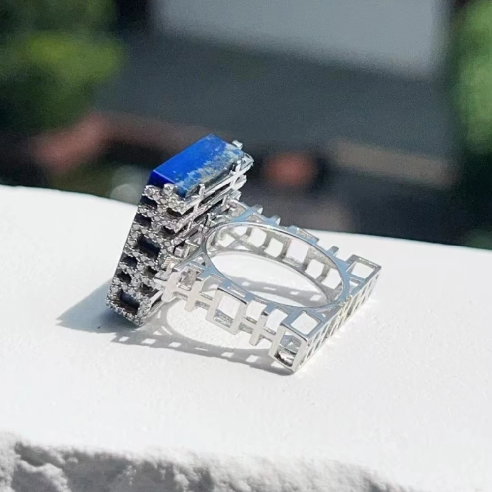 Real Solid 925 Sterling Silver Band Lapis Lazuli Square Women Lucky Characters Ring  US Size 7