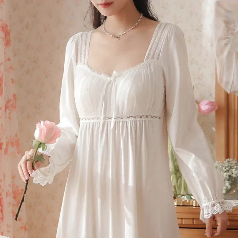 Princess Sleepwear Victorian Night Dress Women Cotton Sexy Lace Ruffles Long Sleeve Peignoir Vintage Nightgowns Fairy Nightdress