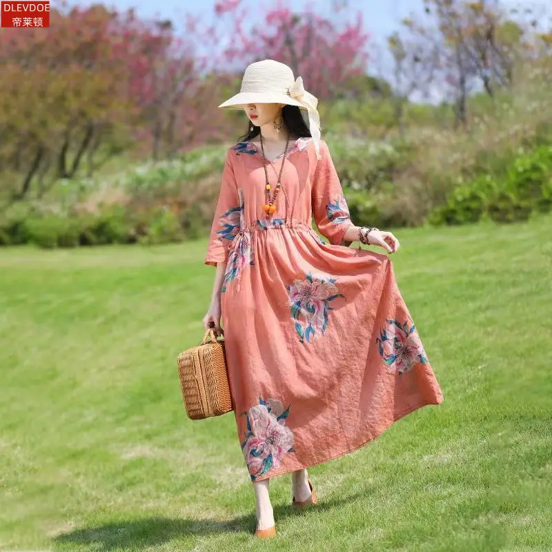 

Cotton Linen Dress Women Summer New Style of Literary Retro Prints to Cover Belly Make Them Look Slim and Loose Thin Long Skirt