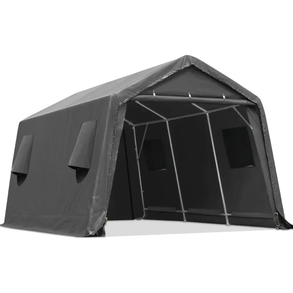 10x15ft Steel Metal Peak Roof Anti-Snow Portable Garage Carport for Motorcycle,Boat or Garden Tools with 2 Roll up Doors & Vents