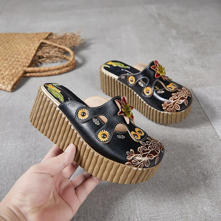 GKTINOO 2024 Wedge Slides Shoes Women Cover Toes High Heels Flower Sandals Summer Female Genuine Leather Platform Slippers