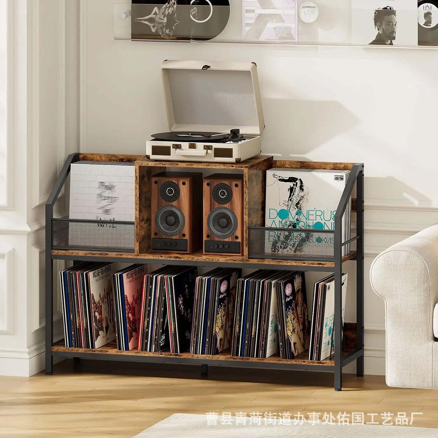 New Amazon bilateral record player table retro vinyl record storage rack retro triple record player rack