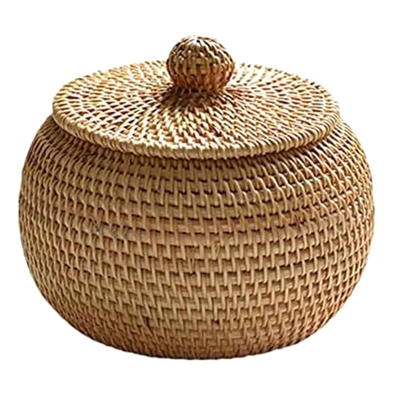 Round Rattan Box with Lid, Hand Woven Storage Box, Multifunctional Desktop Tray Storage Basket Decoration for Home