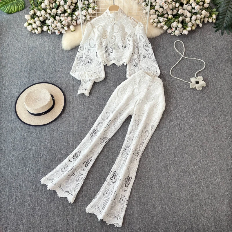 

White Pants Set New Matching Sets Woman 2 Piece Outfit Holes Co Ord Elegant Chic Woman 2 Piece Set Lace Hollow Out Summer Suit