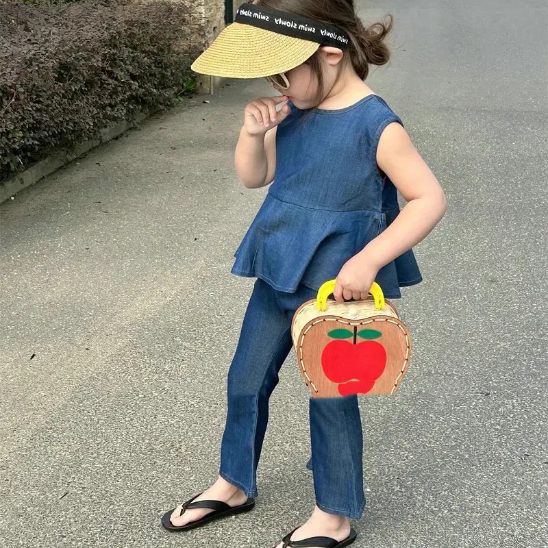 Humor Bear Girls Summer Clothing Single Breasted Denim Top And Flare Pants Fashionable Casual WearTwo-piece Set