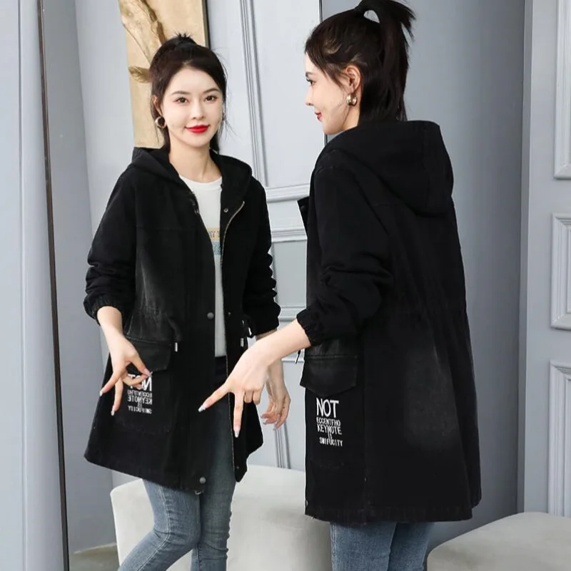 Veste en jean à capuche brodée pour femme, manteau en jean Long décontracté coréen, polyvalent, ample, Cowboy, printemps-automne, 2025