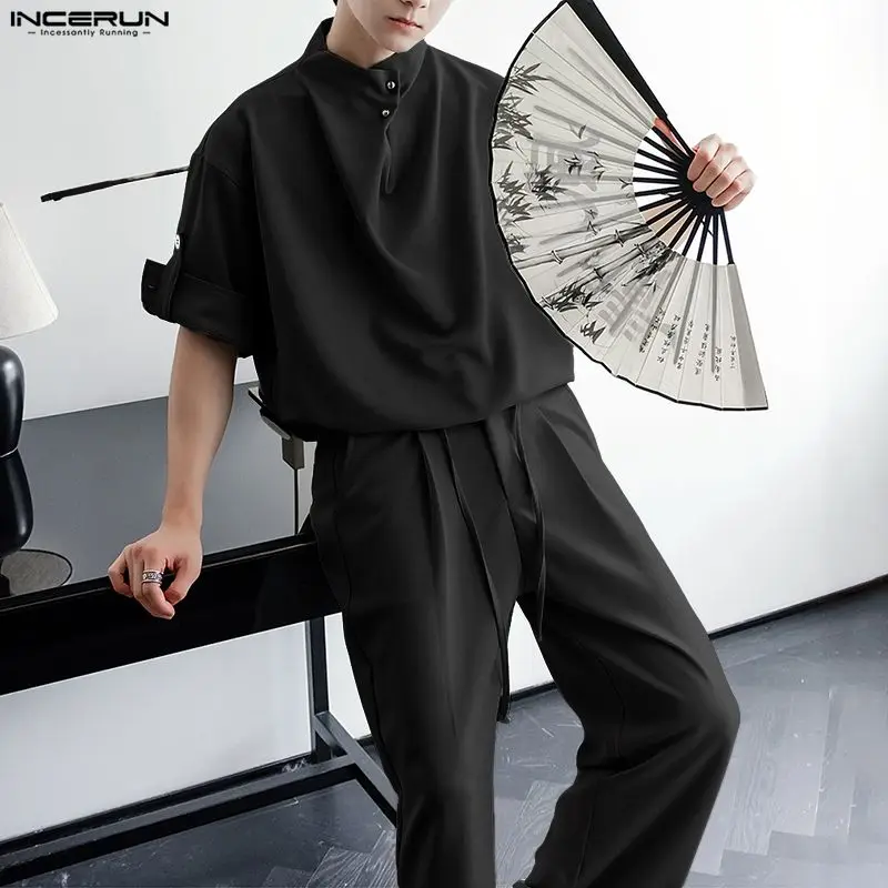 Incerun conjuntos masculinos cor sólida camisa plissada e calças duas peças conjuntos soltos streetwear 2025 moda masculina ternos casuais S-5XL