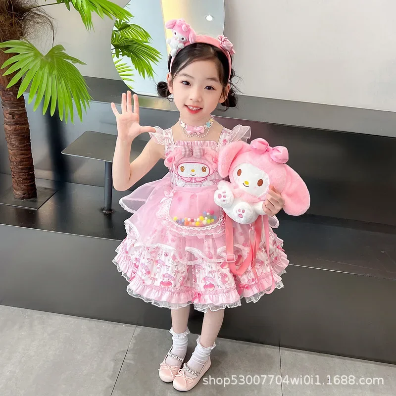 

My Melody Girls Party Dresses Sanrios New Kawaii Cartoon Summer Dress Sling Princess Skirt Lolita Child Clothing Anime Figure