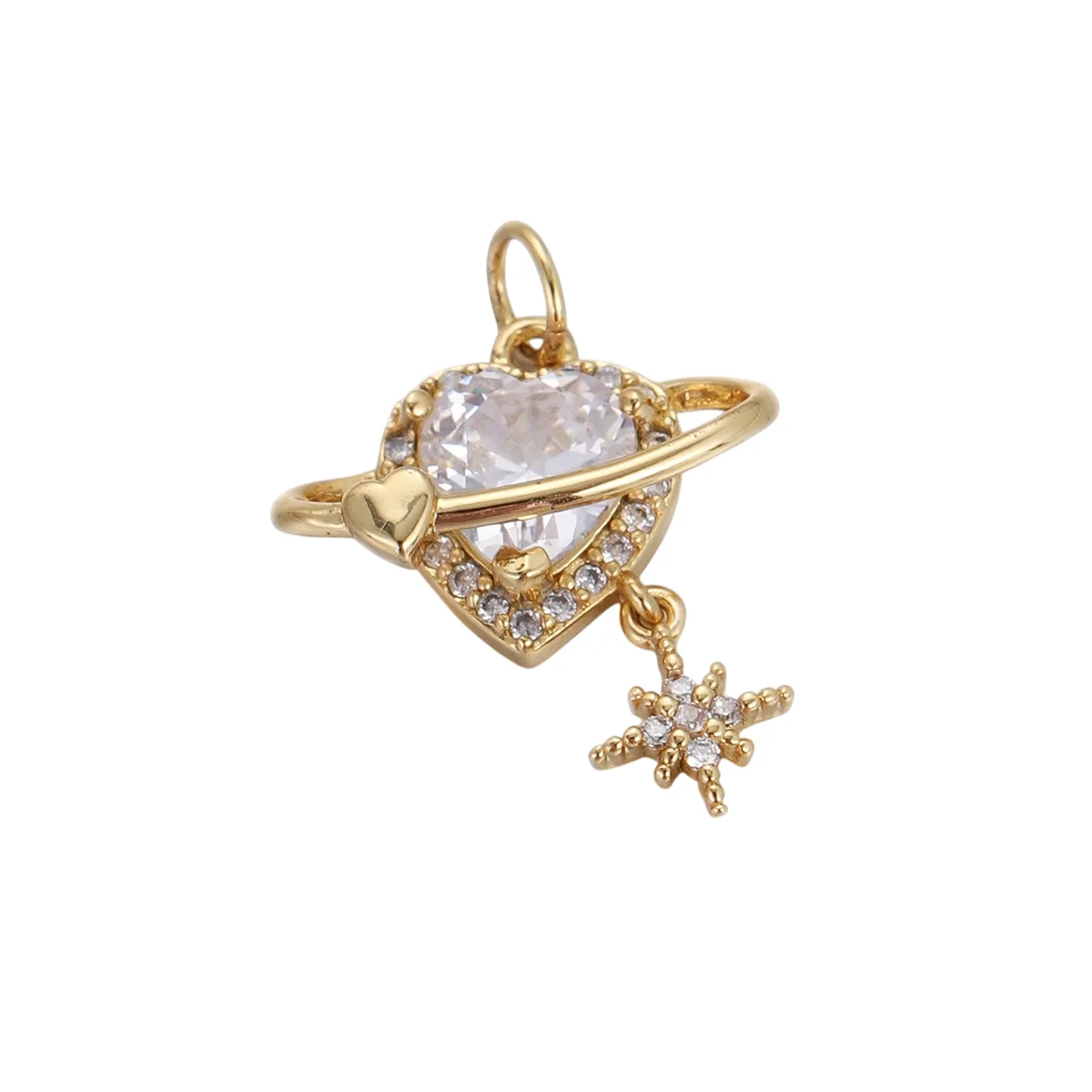 2 Pcs Inlay Large Zircon Heart Planet Pendant for Diy Jewelry Accessories Earrings Necklace Making Copper Plated Part Wholesale