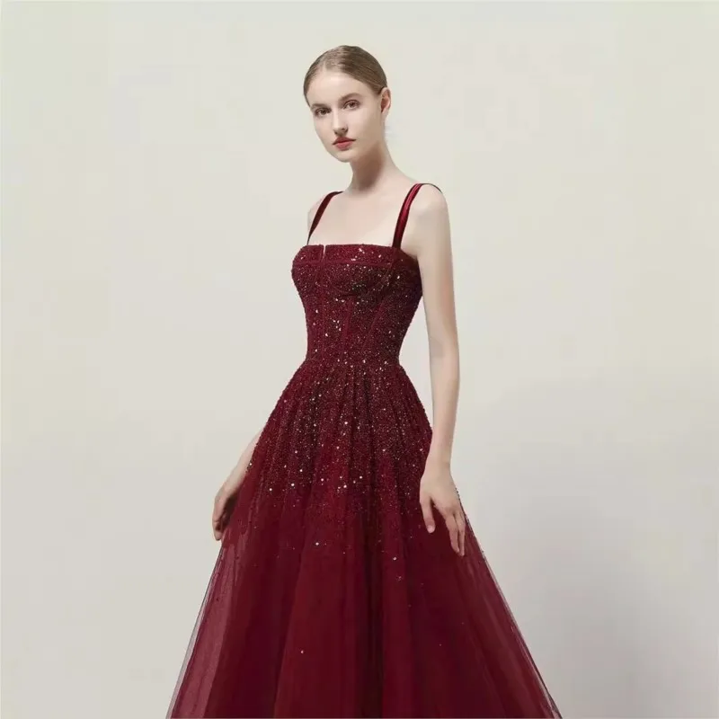 

Wine red toasting heavy industry beaded halter dress for fashion show performance