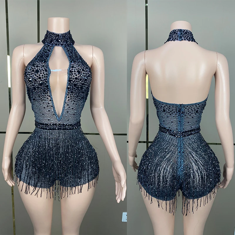 Sexy Low-Cut Tassel Bodysuit Pole Dance Clothing Singer Performance Stage Wear Black Rhinestones Jumpsuit Party Dresses