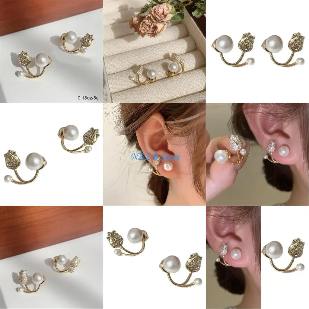 

T21F Dainty Pearls Accented Floral Earrings Irritating Proof Materials Comfortable All Day Wear Jewelry