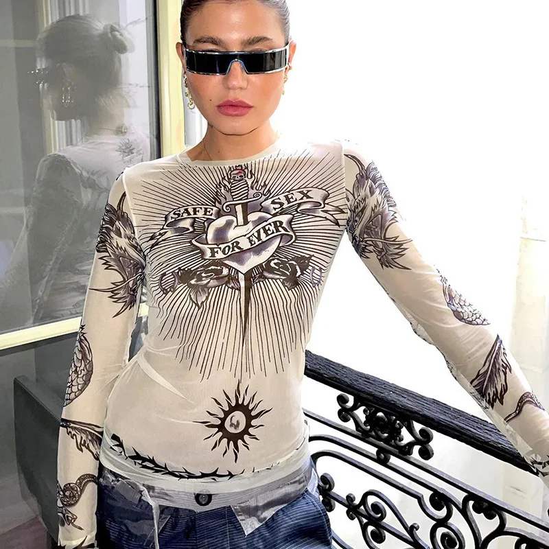 Y2k Aesthetic Punk Clothes Graphic Tees Women Gothic Fashion Full Sleeve Woman Tshirts See Through Streetwear Tops
