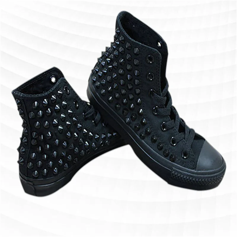 Black high top riveted punk hip-hop street dance canvas shoes Handcrafted large size men's and women's casual sneakers 35-46
