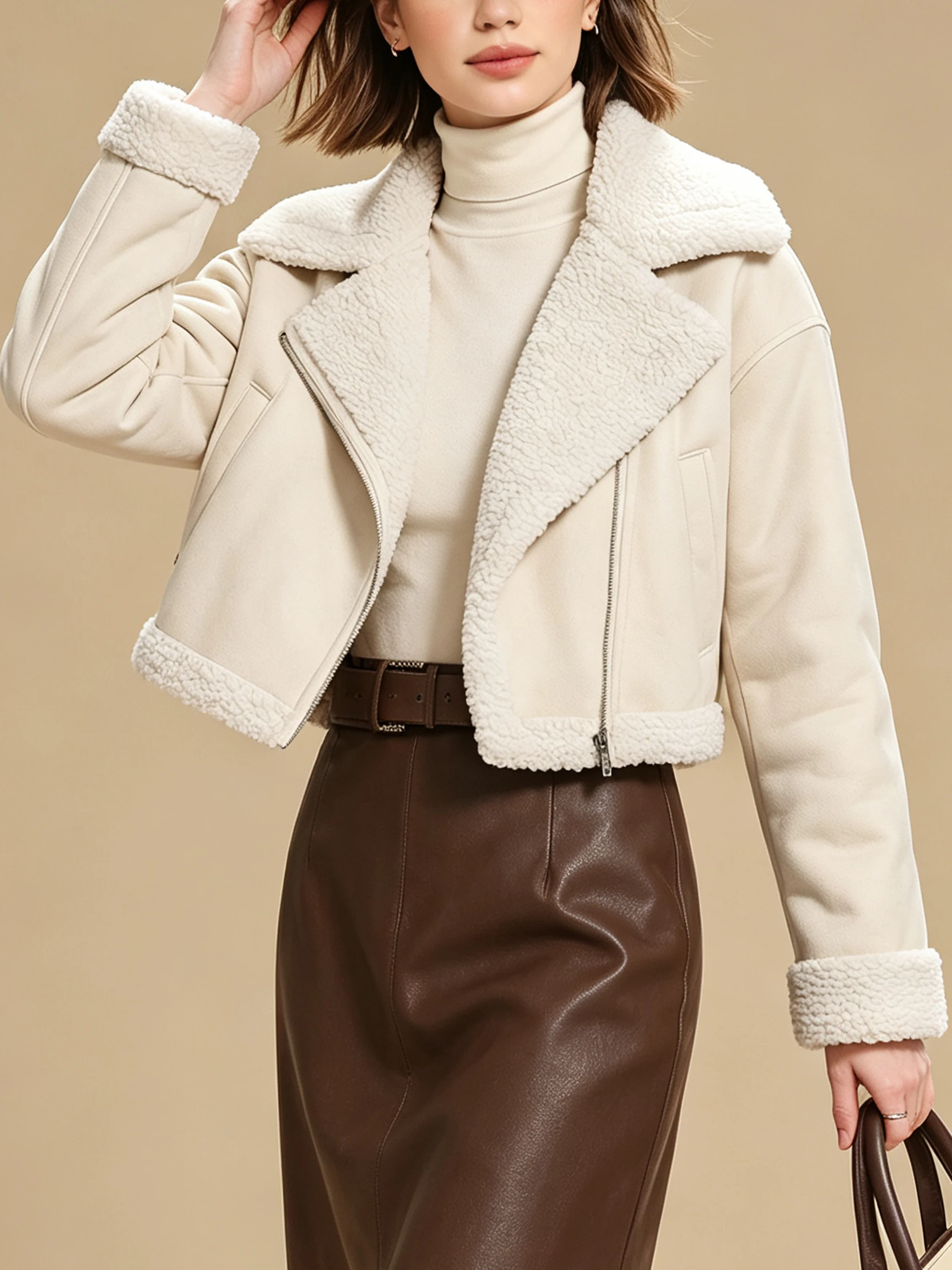 Damen Einfarbiger Mantel mit Kragen und Asymmetrischem Design, Reißverschluss, Kurze Länge, Herbst-Winter-Musikfestival-Jacke Neu 2026 – Detail 12