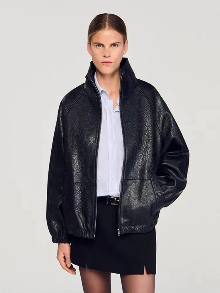 

Женская повседневная куртка из текстурированной кожи ягненка Carefree Bla на молнии, свободного кроя, с длинными рукавами и воротником-стойкой, осенне-зимнее пальто