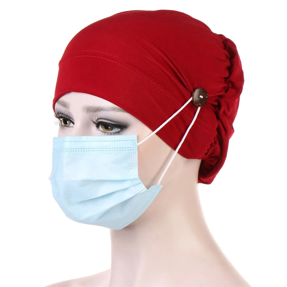 Ear Protection Pleated Turban Fashion Hair Accessories Cotton Cap Button Render Solid Color Chemo Cap Women