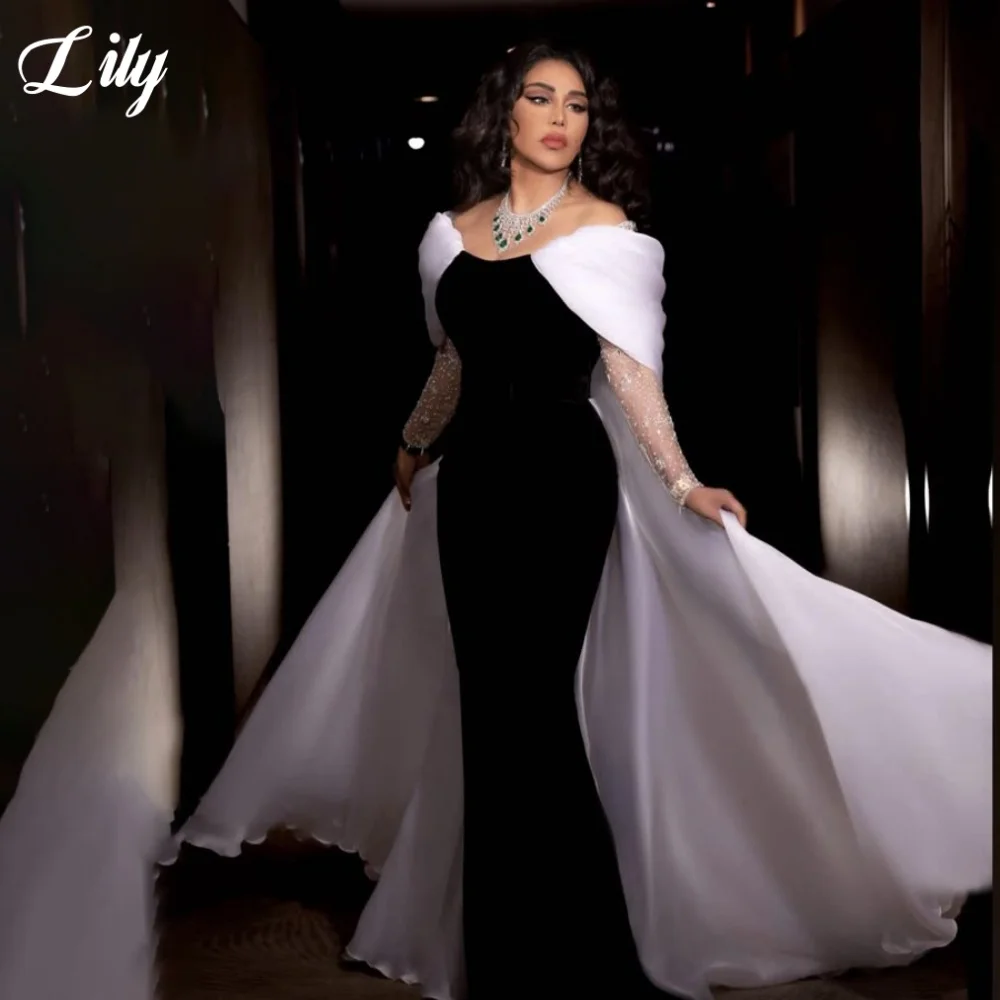 

Lily White and Black Elegant Formal Gown Strapless Sequined Sleeves Prom Dress Satin Trailing Mermaid Evening Dresses Customized