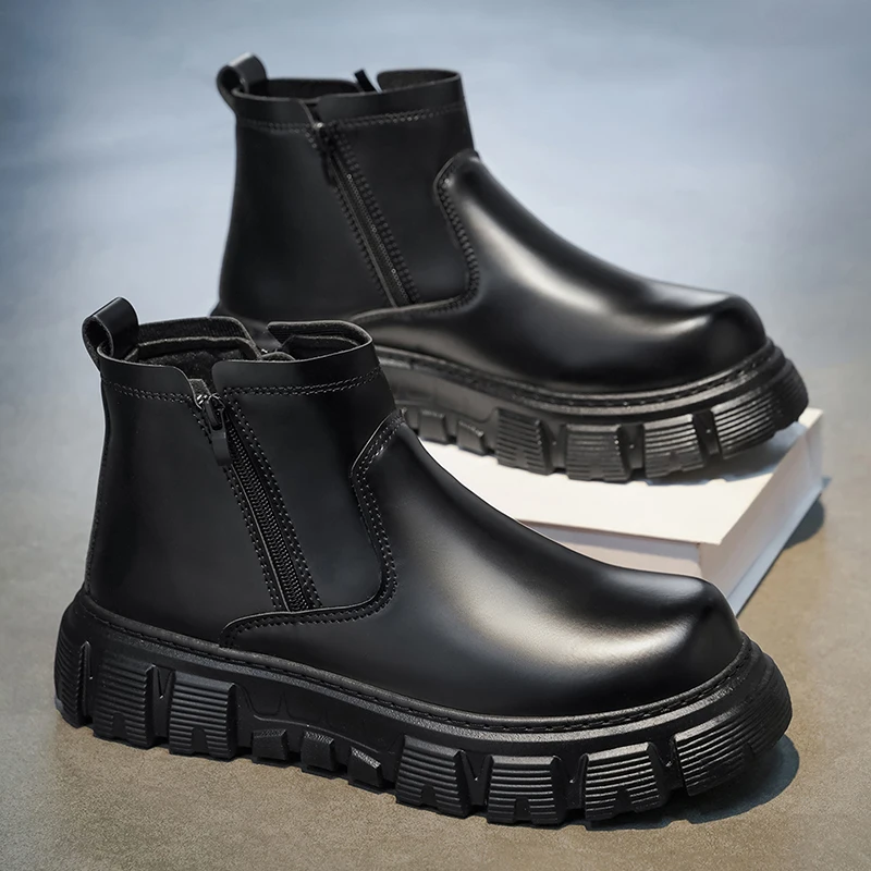 Men's Pure Black Side-Zip Laceless Thick-Soled Height-Increasing High-Top Chelsea Boots