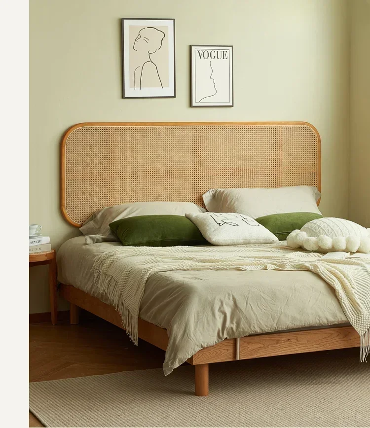Cabecero  ratán  madera maciza Retro  estilo japonés, cama  apartamento pequeño, dormitorio  desayuno, cama doble de ratán