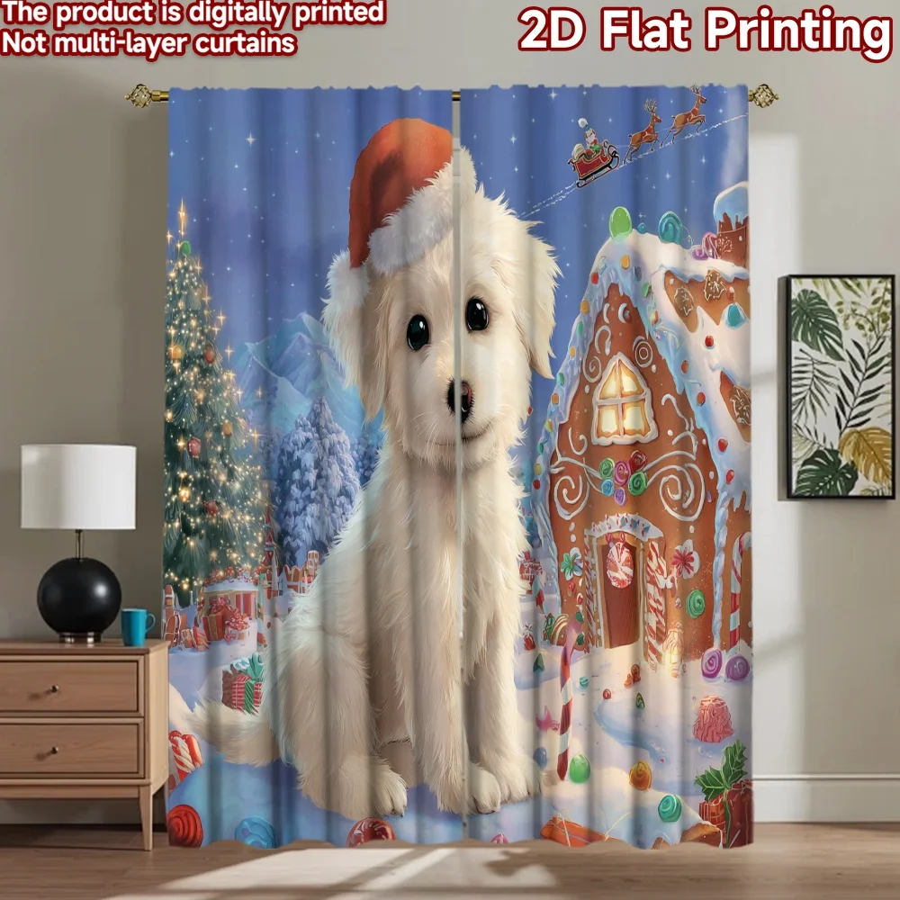 2D flat printing 2pcs Curtain Cute Bichon Frise Christmas Gingerbread Digital Printed Polyester Drapes Birthday Party Perfect