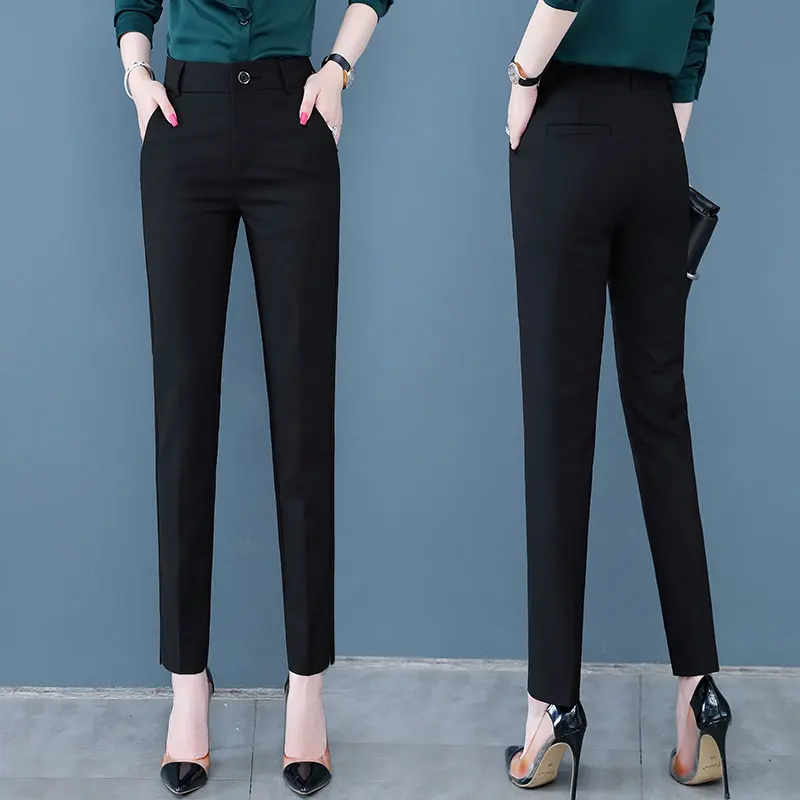 

Черные женские брюки с высокой талией, облегающие, укороченные, в корейском стиле, для офиса, прямые, повседневные