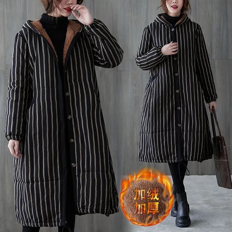 Retro Vertical Stripe Cotton Coat for Women's 2024 Winter New Loose Mid Length Knee Over Mother's Wear Plush Cotton Coat Coat B4