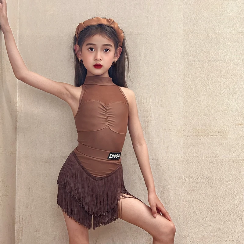 

Kids Latin Dance Dress Girls Sleeveless Brown Fringe Dress Cha Cha Rumba Samba Dance Practice Clothes Competition Dress DNV23970
