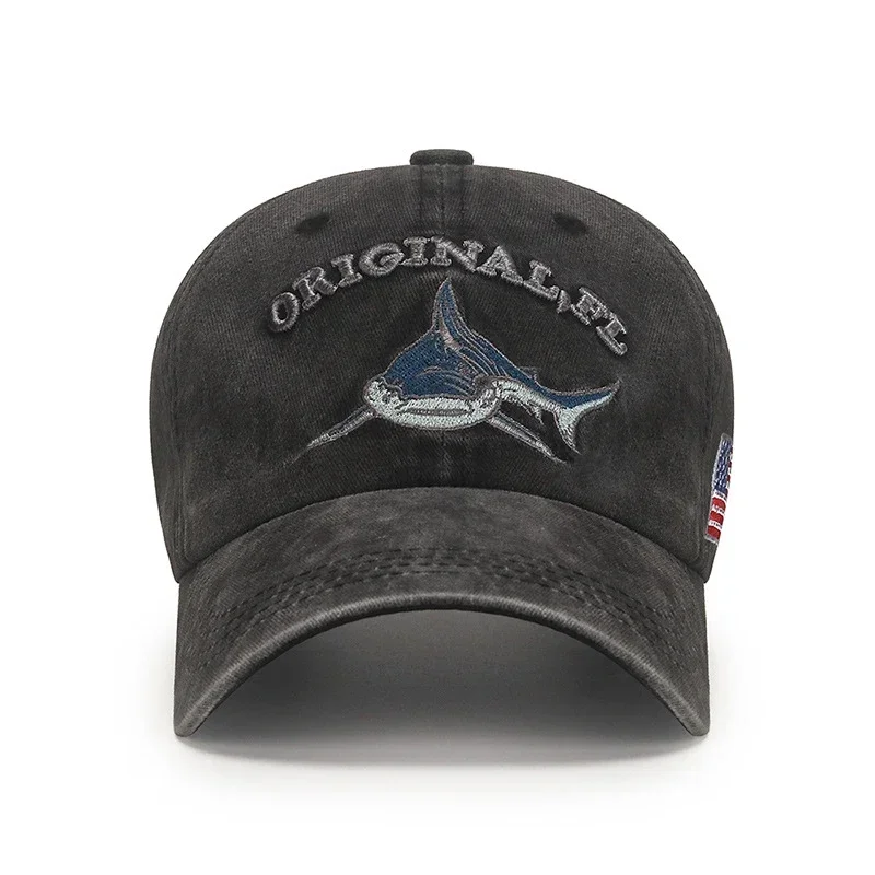 Shark Graphic And American Flag Embroidery Men Women Adjustable Baseball Cap