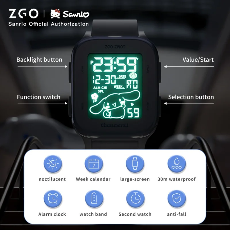ZGO  Sanrio Cinnamoroll Kids watch For girls students Cute simple style Waterproof square digital electronic watch Gift 878