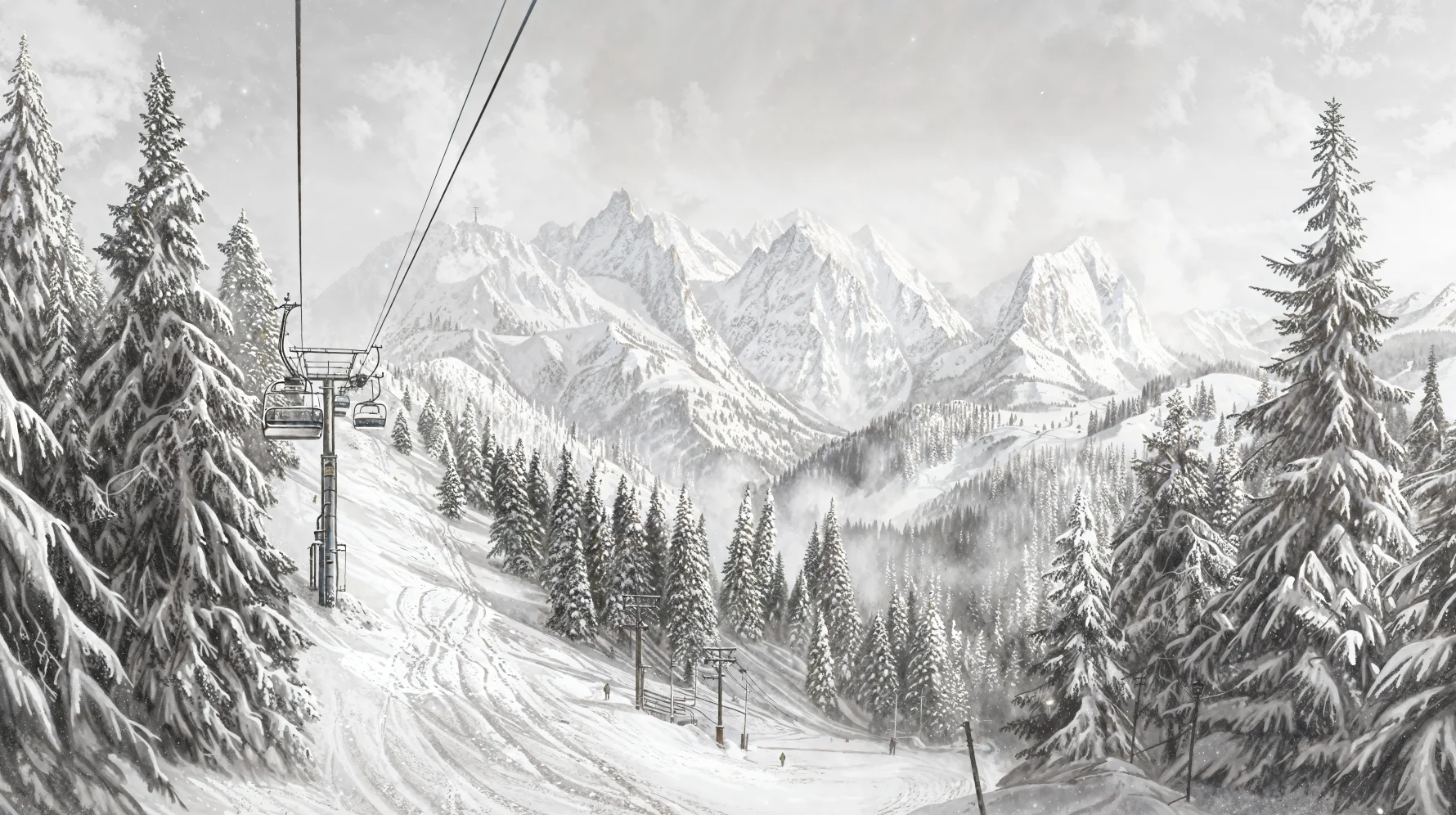 

Customized size wallpaper Nordic style natural snow mountain pine forest cableway skiing background decoration painting mural