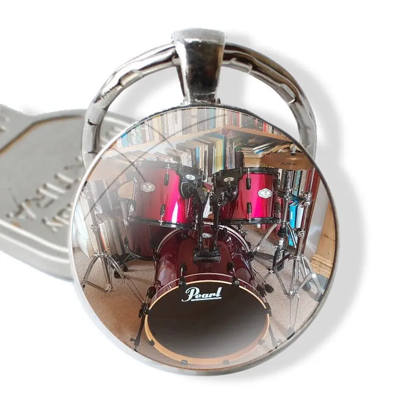 Fashion Cymbal Drums Music 25mm Glass Cabohcon Keychain Key Rings for Women Men Jewelry Gift