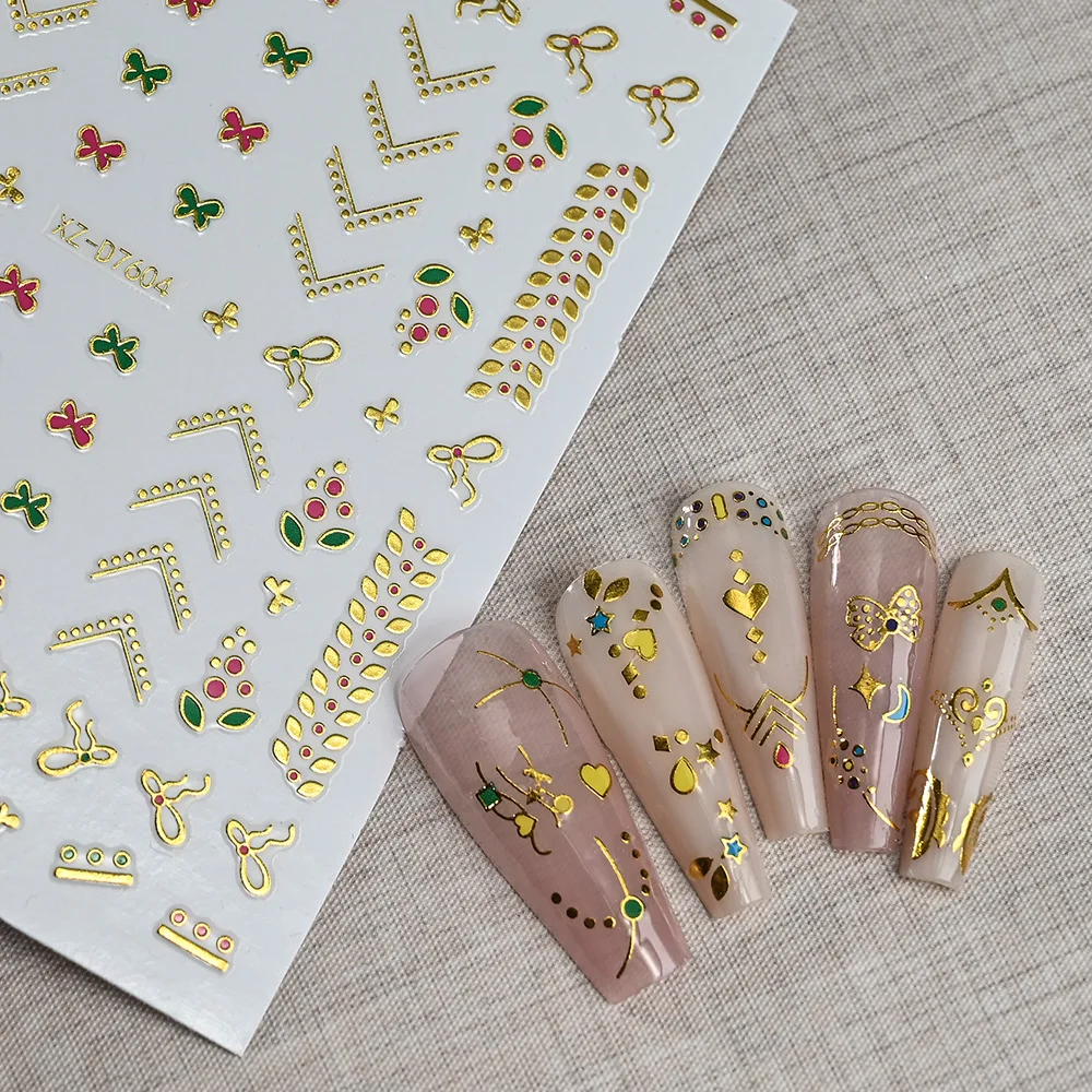 Pegatinas de uñas de rayas francesas doradas bronceadas en 3D, pegatinas de flores Retro rojas y verdes para decoración de uñas con líneas geométricas francesas F & 87