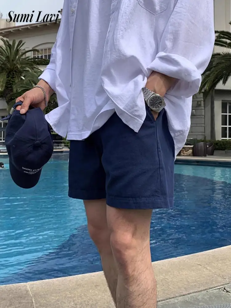 

Винтажные мужские дышащие свободные льняные шорты 2026 Весна-Лето, повседневные однотонные прямые шорты, стильные мужские шорты на шнурке