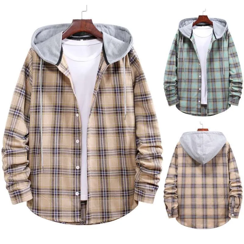 

New Men's Couple Hooded Plaid irt Lapel irt Thiened Long Sve High Collar Autumn Wear for Men And Women