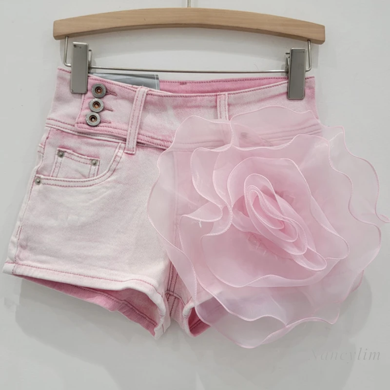 Pink Sweet Cool Washed Stitching Flower Denim Shorts Hot Girl Sexy Stretch Hip Lifting Wide Leg Hot Pants for Women