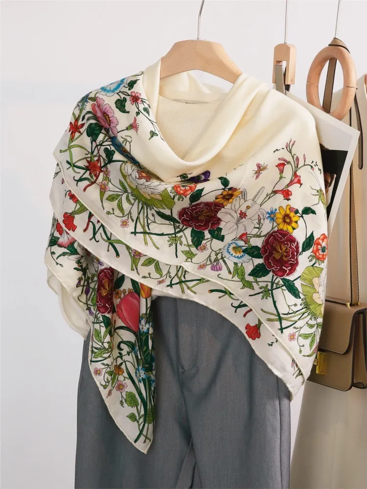 A new style of two-in-one women's silk and wool scarf shawl featuring floral white