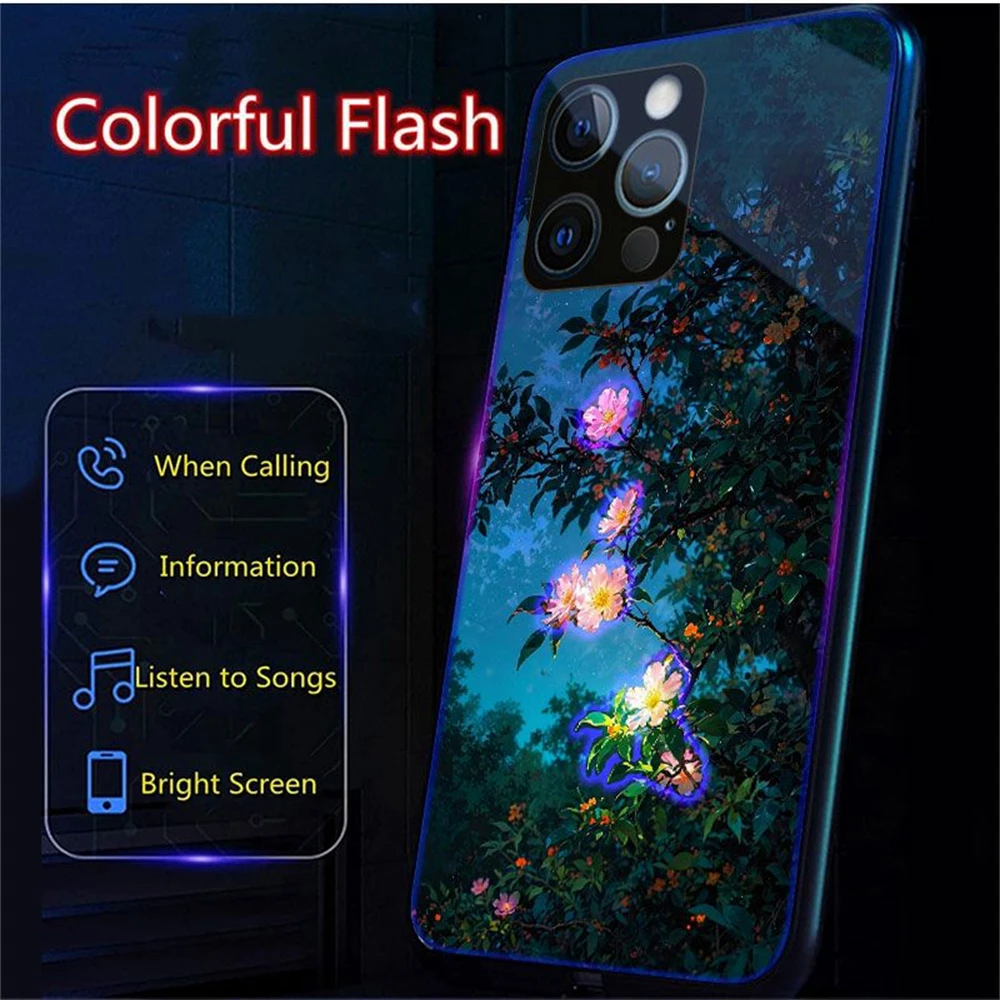 

Pretty Red Flowers Led Light Phone Case Call Flash Glitter Cover For iPhone 16 E 15 14 13 12 11 Pro Max X XS XR SE2020