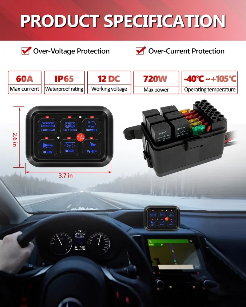 6 gangs On-Off Control Switch Panel Universal Power System LED Backlight Slim Electronic Relay System for SUV CAMPER RV MARINE