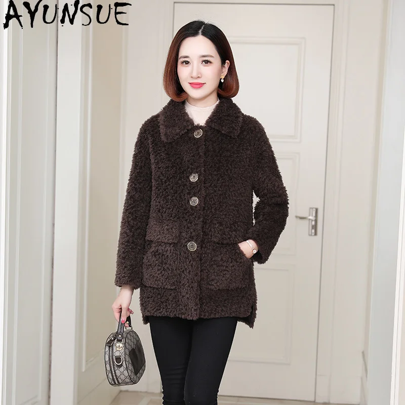 เสื้อโค้ทขนสัตว์แท้ 100% ยี่ห้อ AYUNSUE สำหรับผู้หญิง แจ็คเก็ตขนแกะแท้ เสื้อผ้าฤดูหนาวสำหรับผู้หญิง ขนสัตว์ผสม เสื้อคลุมผู้หญิงแบบใหม่ในหมวดเสื้อผ้าสำหรับสวมทับ