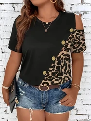 Plus Size Leopard Print Button Decor T-Shirt, Casual Cold Shoulder Short Sleeve Top For Spring & Summer, Women's Plus Size Cloth