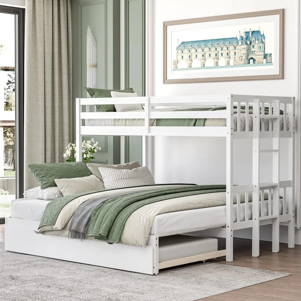 Pull-Out Bunk Bed with Trundle, Twin Over Bed with Ladder & Safety Rails for Kids, Adults, Detachable Solid Wood Bunk Beds